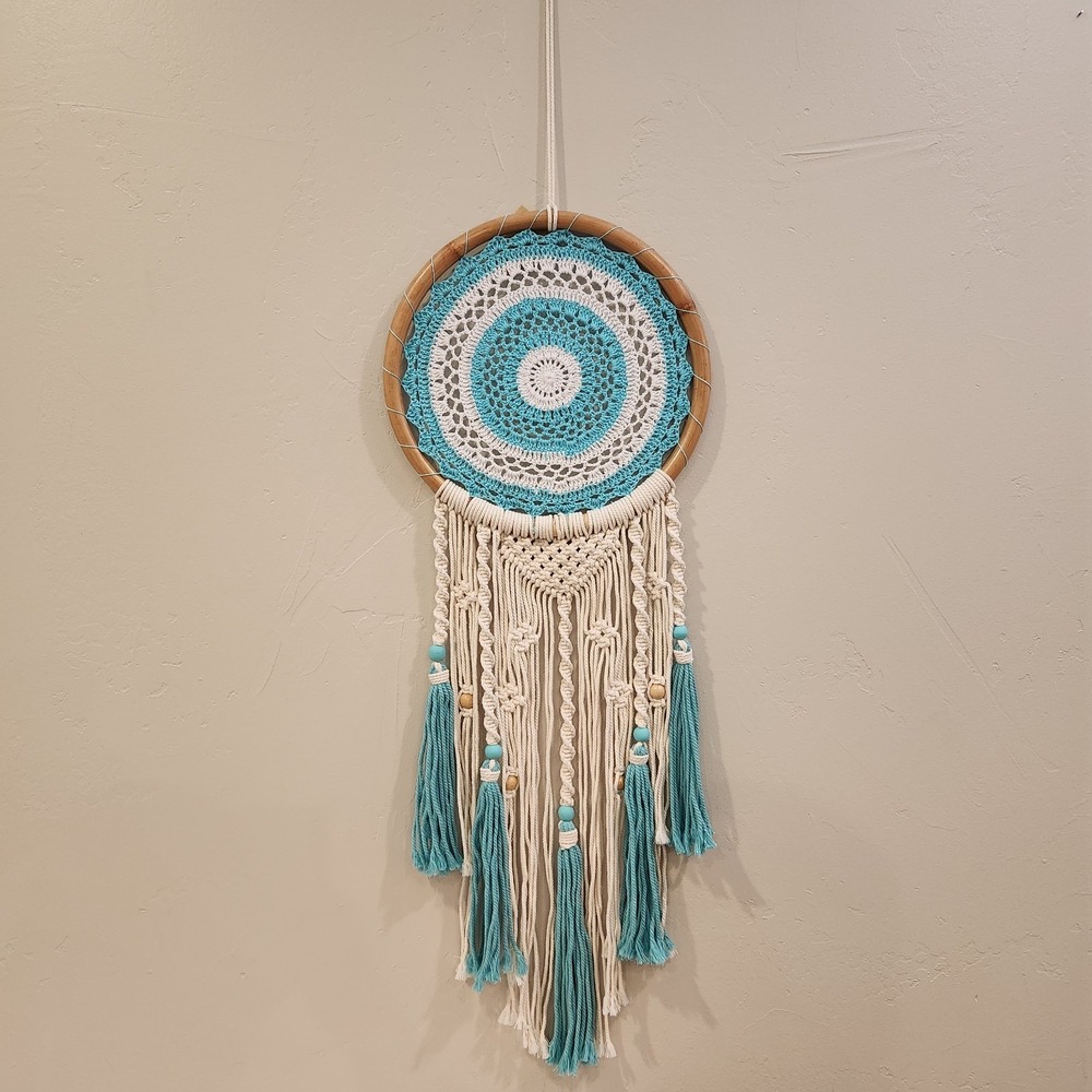 Dreamcatcher Braided Beaded Crochet Blue And Cream Boho Cottagecore Fairy Whimsy